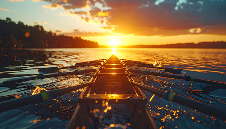 From the rower's perspective, the boat glides across the still water, propelled by synchronized effort.の素材