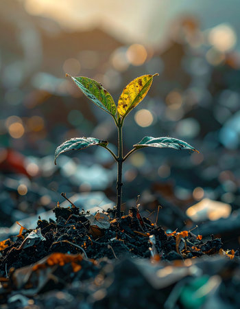 Bathed in a soft, warm glow, a single resilient seedling pushes through the dark earth. This tiny sprout represents new beginnings, the promise of growth, and the enduring power of life.の素材