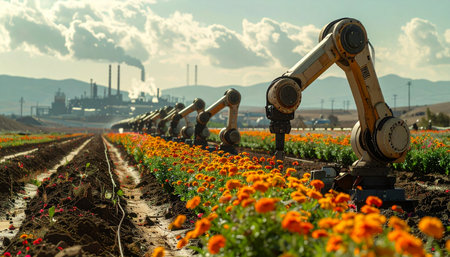 In a striking vision of the future, a row of advanced robotic arms meticulously tends to a vibrant field of flowers.の素材