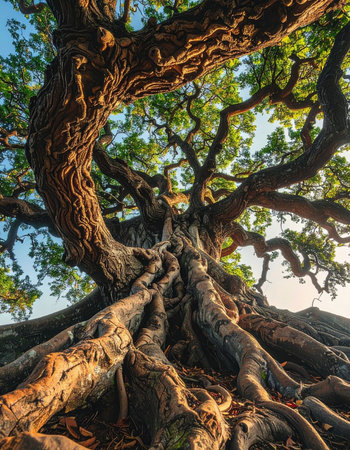 From a low-angle perspective, the immense power and history of an ancient tree are revealed.の素材