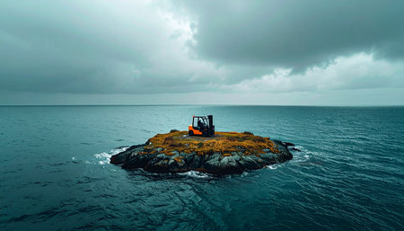 A lone forklift sits abandoned on a tiny, remote rocky island, surrounded by the vast, moody ocean under a cloudy sky.の素材