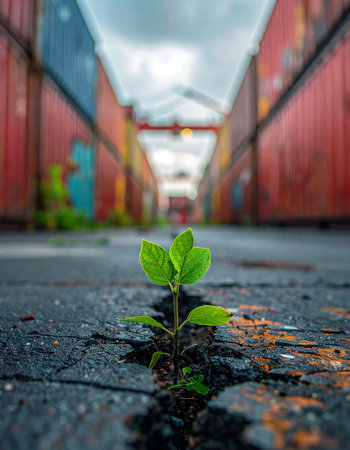 In the heart of an industrial shipping yard, amidst towering containers and cracked asphalt, a single green sprout defies the odds.の素材