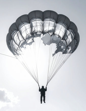 A lone skydiver is silhouetted against a bright, overcast sky, expertly guiding their parachute in a controlled descent.の素材