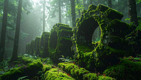 Deep within a misty, sun-dappled forest, a line of ancient stone gears lies forgotten, completely covered in vibrant green moss.の素材