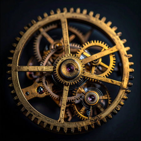 A macro view reveals the intricate and complex inner workings of a vintage clock.の素材