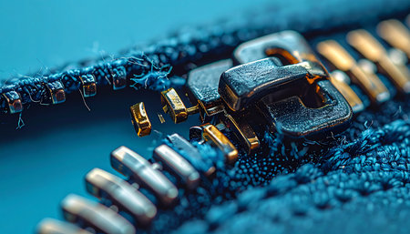 A detailed macro photograph captures the intricate mechanics of a metal zipper on a deep blue textile.の素材