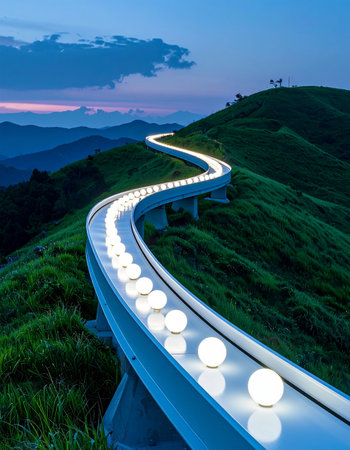 As twilight settles over rolling green hills, a futuristic, illuminated path carves a glowing trail across the mountain ridge.の素材