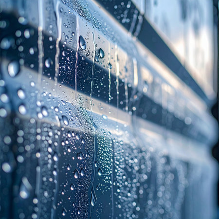 A close-up, macro view captures the intricate patterns of raindrops clinging to a cool glass window.の素材