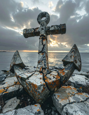 A monumental stone anchor stands as a timeless sentinel on a rugged coastline.の素材