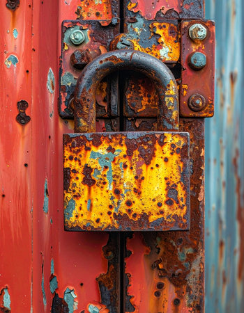 A close-up view captures the intricate textures of time and decay on a heavily rusted padlock.の素材