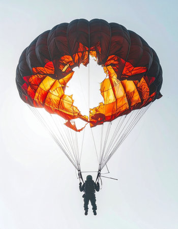 A lone skydiver makes a graceful descent, their silhouette a stark contrast against the bright sky.の素材