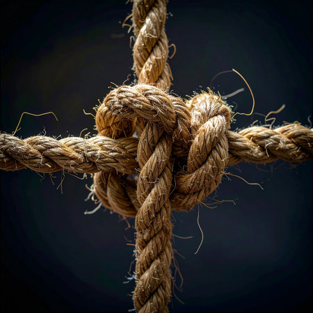A close-up view of a complex and secure knot, its coarse fibers intertwined to create an unbreakable bond.の素材