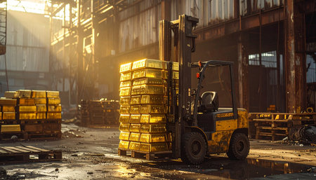 In the atmospheric haze of a vast industrial foundry, a forklift carefully lifts a pallet stacked high with gleaming gold bullion.の素材