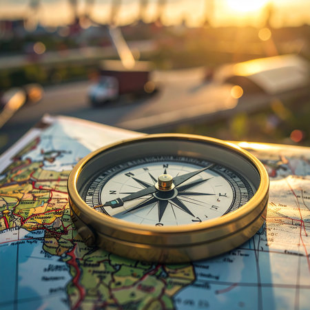 A vintage brass compass rests on a world map, its needle pointing towards a new direction.の素材