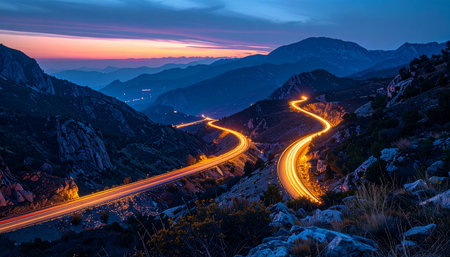 As twilight settles over the rugged mountain pass, streaks of golden light trace the serpentine path of a highway below.の素材