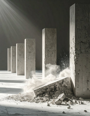In a stark, dramatically lit space, a row of massive concrete dominoes succumbs to a powerful chain reaction.の素材