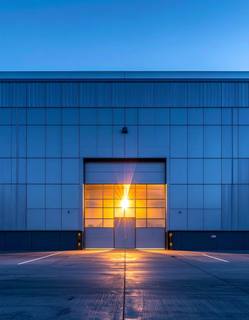 As the cool blue of twilight settles over a modern industrial facility, a large roll-up door opens to reveal a brilliant, warm glow.の素材