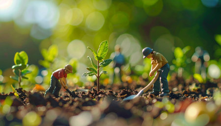 A team of miniature farmers works diligently together, planting and nurturing young saplings in rich soil.の素材