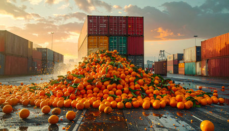 A catastrophic spill creates a vibrant mountain of fresh oranges amidst industrial shipping containers at a port during a dramatic sunset.の素材