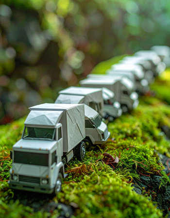 A long line of miniature white toy trucks forms a convoy, traveling along a vibrant green, mossy surface in a lush forest.の素材