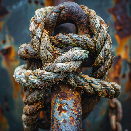 A thick, weathered rope is securely fastened around a heavily rusted mooring post, a testament to strength and endurance against the elements.の素材