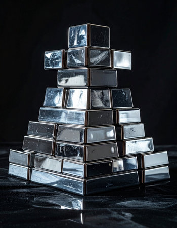 A towering pyramid of gleaming silver bullion bars stands against a stark black background.の素材