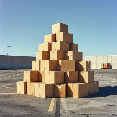 A monumental pyramid of stacked cardboard boxes stands in an empty parking lot under a clear blue sky, symbolizing the scale of global logistics, e-commerce growth, and supply chain management.の素材