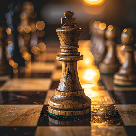 In the quiet intensity of the game, the lone king stands firm. Bathed in a warm, dramatic glow, it represents the final, critical decision.の素材