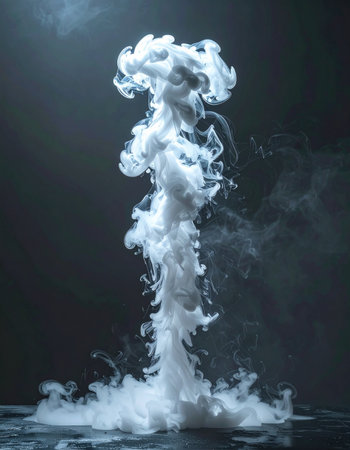A powerful column of dense white vapor erupts from a dark, reflective surface, creating a dramatic and mysterious cloud formation.の素材