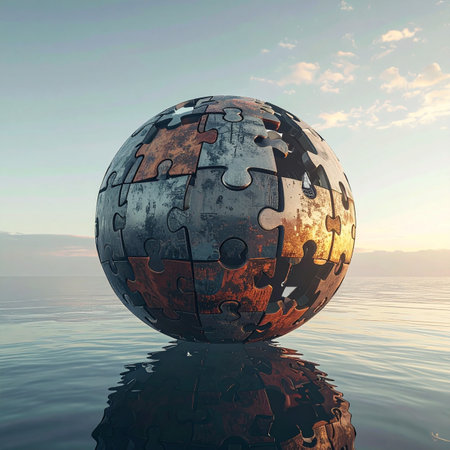 A spherical jigsaw puzzle of the world floats serenely over the ocean at sunset, with pieces missing.の素材