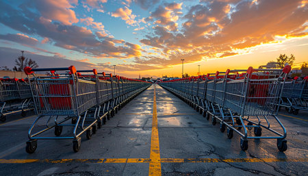 As the sun sets, casting a warm, dramatic glow across the sky, rows of shopping carts stand in perfect formation in a wet parking lot.の素材