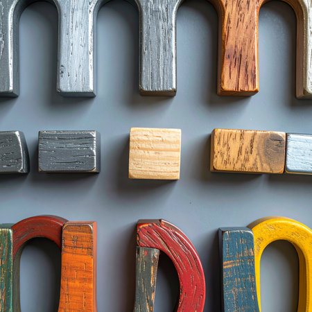 A collection of handcrafted letterpress blocks, made from various woods and metals, are arranged neatly on a gray surface.の素材