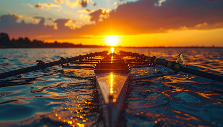 From a first-person perspective inside the boat, a rowing team glides across tranquil waters, their synchronized effort mirrored in the fiery reflection of the setting sun.の素材