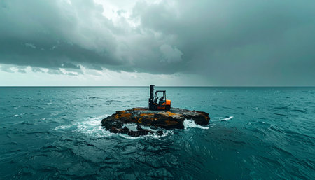 An industrial forklift sits abandoned on a tiny, rocky outcrop, stranded in the vast expanse of a turbulent sea.の素材