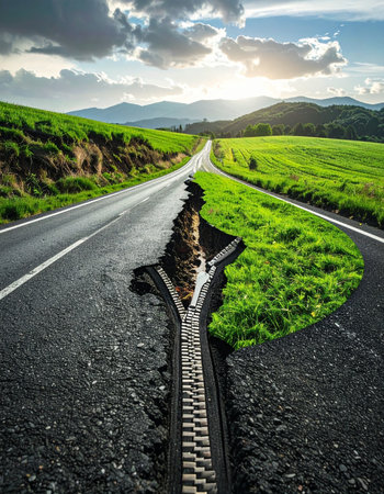 A surreal landscape where an asphalt road is unzipped, revealing a vibrant green path of lush grass underneath.の素材