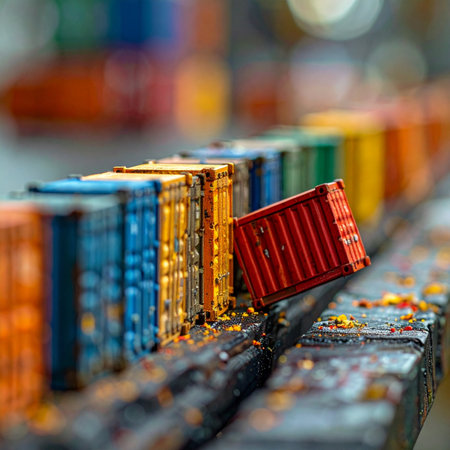 A single red miniature shipping container tumbles from the line, symbolizing a critical failure or disruption in the global supply chain.の素材