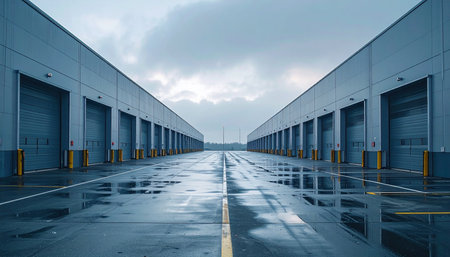 A quiet, atmospheric view of a modern logistics hub after a recent rain.の素材