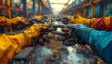 A group of diverse workers, their hands protected by worn gloves, come together to grasp a single, heavy chain.の素材
