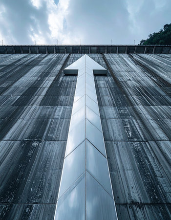 From a low-angle perspective, a massive metallic arrow points resolutely towards a dramatic, cloudy sky.の素材