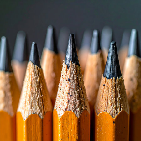 A collection of freshly sharpened pencils stands at attention, their graphite tips gleaming and ready.の素材
