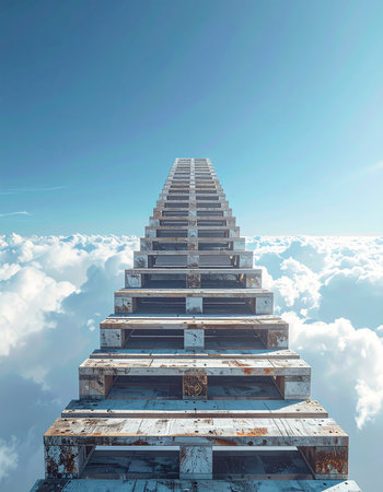A surreal staircase made of wooden pallets rises endlessly into a serene blue sky, piercing through a soft blanket of clouds.の素材