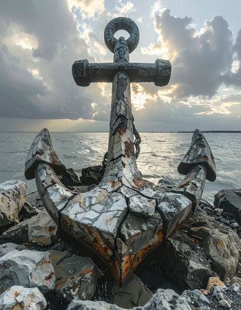 A monumental, weathered anchor stands as a silent sentinel on the rocky shore, its cracked and rusted surface telling tales of countless voyages.の素材