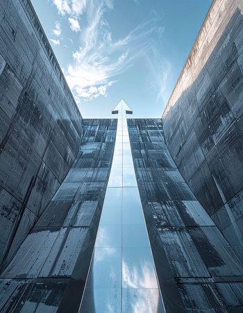 From a dramatic low-angle perspective, a gleaming arrow surges upward between two imposing brutalist concrete walls, piercing the blue sky.の素材