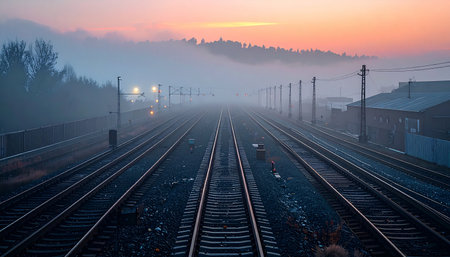 As the sun rises, its warm light cuts through the cool morning mist, illuminating a complex network of railway tracks that stretch towards an unseen horizon.の素材
