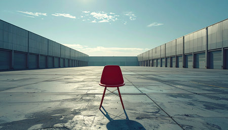 In a vast, empty concrete plaza under a pale sky, a single red chair stands alone.の素材