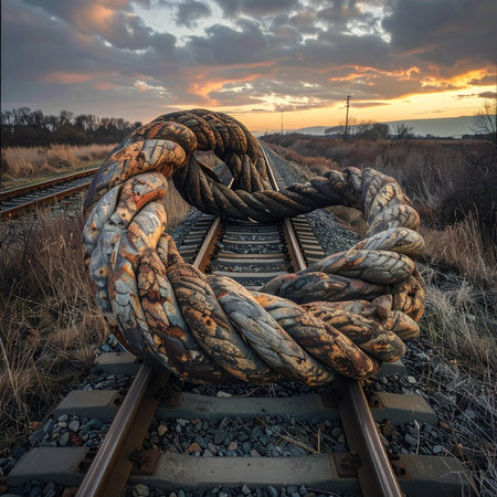 A massive, weathered rope, a symbol of a forgotten connection or an insurmountable obstacle, lies across abandoned railway tracks at dusk.の素材