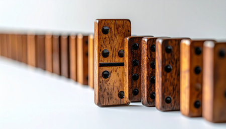 A single wooden domino stands firm, turned against the line to halt a potential chain reaction.の素材
