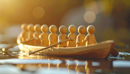 A team of abstract wooden figures rows in perfect synchrony across calm waters, bathed in the warm, golden light of a rising or setting sun.の素材
