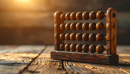 An antique wooden abacus rests on a rustic table, bathed in the warm, golden glow of sunlight.の素材