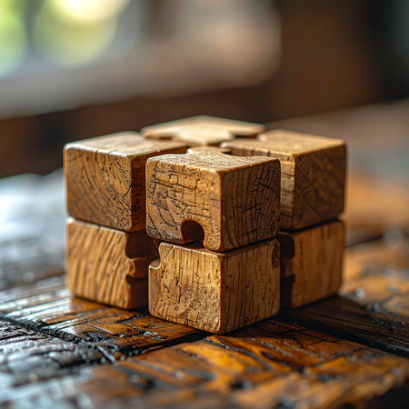 A handcrafted wooden infinity cube rests on a rustic, textured table, its intricate grain highlighted by warm, soft light.の素材